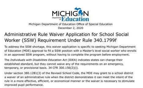 Administrative Rule Waiver Application for School Social Worker (SSW) Requirement Under Rule 340.1799f | School Social Work Rules, Regulations, Models and Standards | Scoop.it
