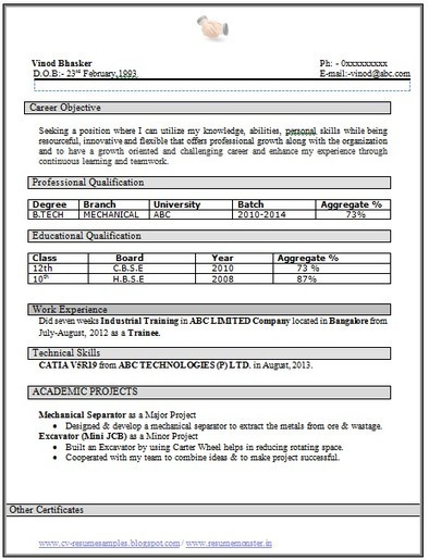 Resume samples for btech freshers download