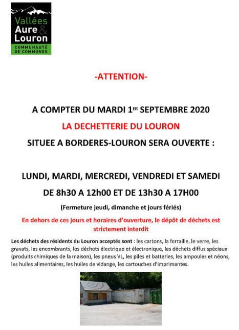 Changement de jours et d'horaires d'ouverture pour la déchetterie Le Bourridé à Bordères-Louron | Vallées d'Aure & Louron - Pyrénées | Scoop.it