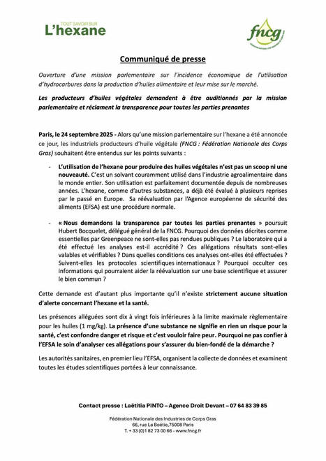 Hexane &ndash; Ouverture d'une mission parlementaire - Communiqu&eacute;&nbsp; de presse du 24 septembre 2025 &ndash; FNCG | ITERG - Veille sectorielle | Scoop.it