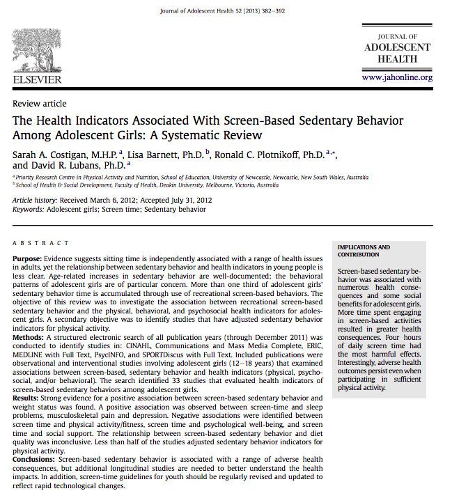 The Health Indicators Associated With Screen Based Sedentary Behavior