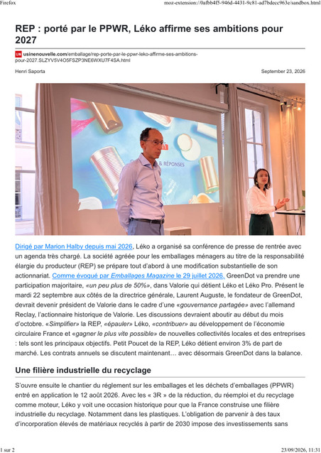 USINE_20260923_REP port&eacute; par le PPWR, L&eacute;ko affirme ses ambitions pour 2027.pdf | "Sur mesure" : l'actualit&eacute; du cabinet | Scoop.it