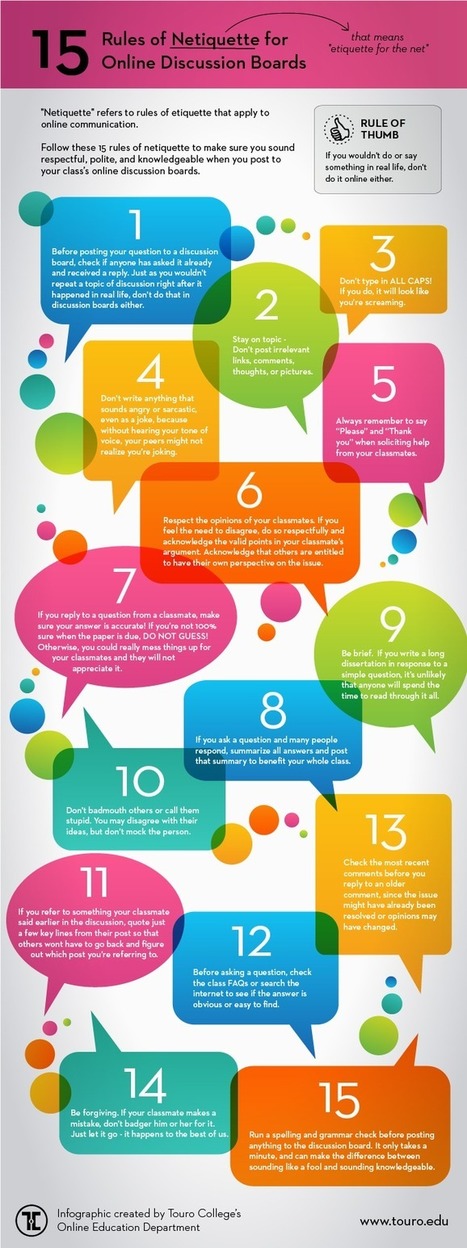 15 Rules of Netiquette for Online Discussion Boards [INFOGRAPHIC] - Online Education Blog of Touro College | Information and digital literacy in education via the digital path | Scoop.it