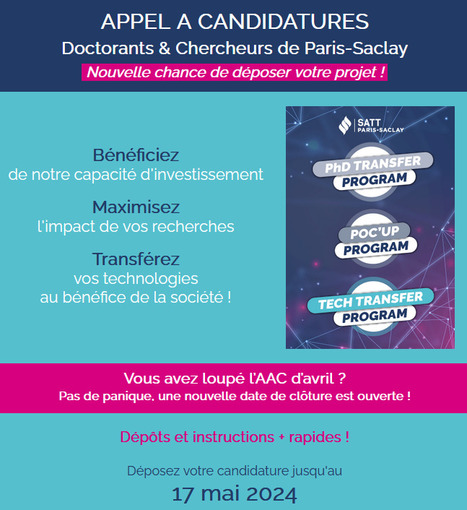 RAPPEL ! Appels à candidatures de la SATT Paris-Saclay | Life Sciences Université Paris-Saclay | Scoop.it