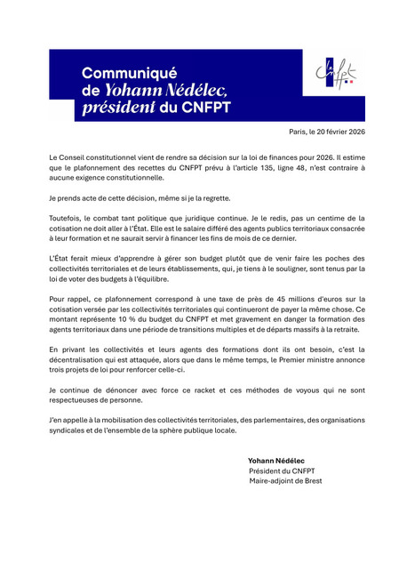 D&eacute;cision du Conseil constitutionnel sur le plafonnement des recettes du CNFPT : communiqu&eacute; de presse de Yohann N&eacute;d&eacute;lec, pr&eacute;sident du CNFPT | Veille juridique du CDG13 | Scoop.it