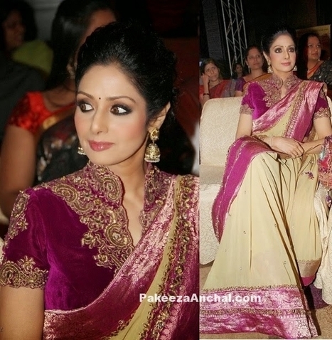 Sridevi in Purple Velvet embroidery blouse and Designer beige Georgette Saree | Indian Fashion Updates | Scoop.it