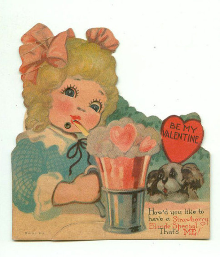 Antique Die-Cut Mechanical Valentine Soda Fountain Strawberry Bonde Special | Antiques & Vintage Collectibles | Scoop.it