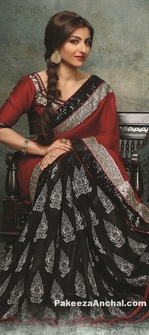 Soha Ali Khan in Black & Red Georgette Printed Saree with Zari, Lace Work | Indian Fashion Updates | Scoop.it