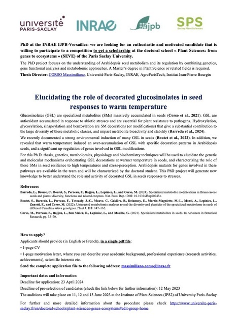 Would you be interested in a PhD at the INRAE IJPB-Versailles about " Elucidating the role of decorated glucosinolates in seed responses to warm temperature"? | SEED-DREAM Lab info | Scoop.it