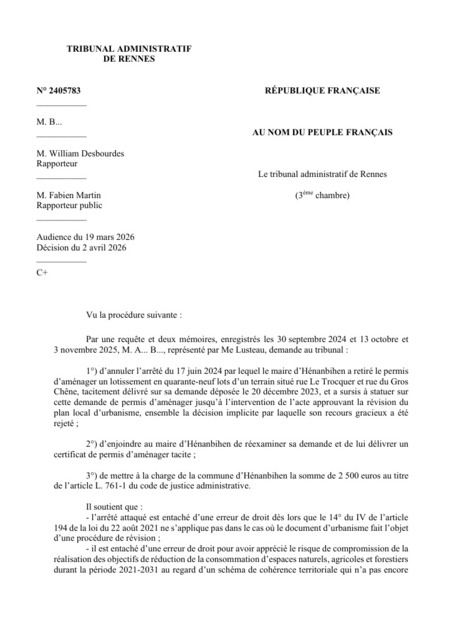 Le TA de Rennes pr&eacute;cise le r&eacute;gime juridique du sursis &agrave; statuer pr&eacute;vu par la loi &laquo; Climat et R&eacute;silience &raquo;, tel qu&rsquo;ajust&eacute; par la loi &laquo; ZAN 2 &raquo; | Veille juridique du CDG13 | Scoop.it