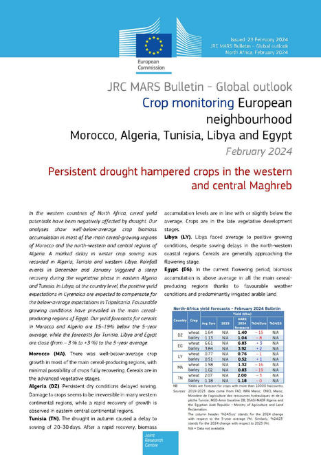 JRC MARS Bulletin - Global outlook - Crop monitoring European neighbourhood - Morocco, Algeria, Tunisia, Libya and Egypt, February 2024 | MED-Amin network | Scoop.it