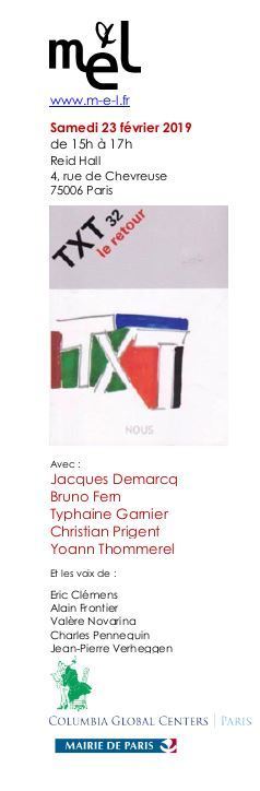 (Agenda) 23 f&eacute;vrier, Paris, autour de la revue TXT, avec Jacques Demarcq, Bruno Fern, Typhaine Garnier, Christian Prigent et Yoann Thommerel | Poezibao | Scoop.it