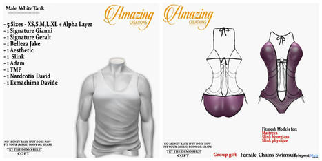 Female Chains Swimsuit & Male White Tank July 2021 Group Gift by AmAzIng CrEaTiOnS | Teleport Hub - Second Life Freebies | Second Life Freebies | Scoop.it