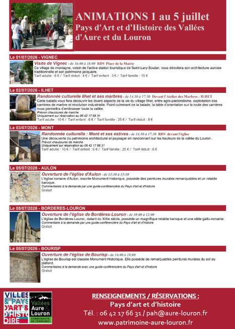 Animations du Pays d'Art et d'Histoire des vall&eacute;es d'Aure et du Louron du 1er au 5 juillet | Vall&eacute;es d'Aure & Louron - Pyr&eacute;n&eacute;es | Scoop.it