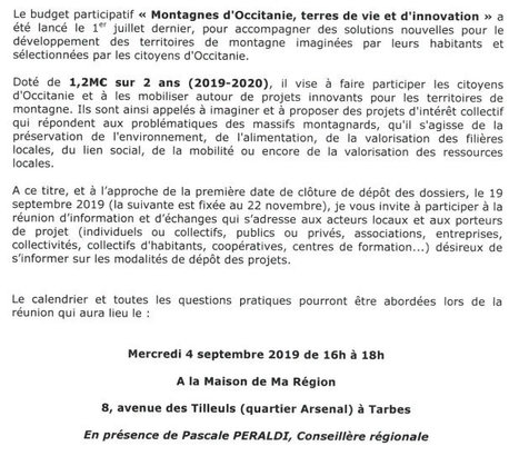 Réunion d'information sur le budget participatif "Montagnes d'Occitanie, terres de vie et d'innovation" le 4 septembre à Tarbes | Vallées d'Aure & Louron - Pyrénées | Scoop.it