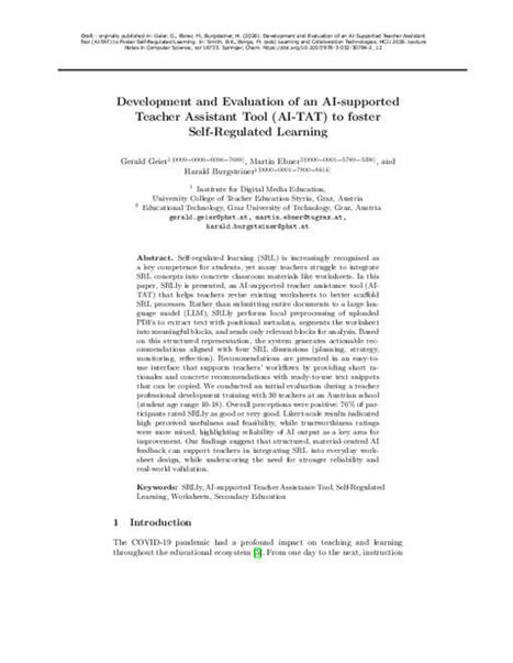 (99+) Development and Evaluation of an AI-supported Teacher Assistant Tool (AI-TAT) to foster Self-Regulated Learning | Education 2.0 & 3.0 | Scoop.it