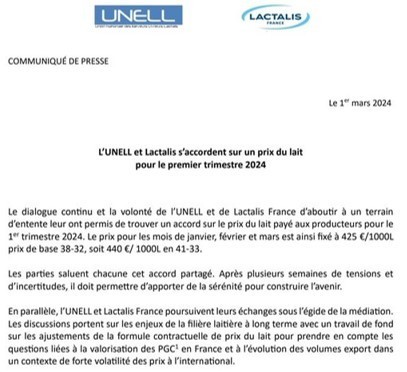 Accord Unell-Lactalis : 425 euros les 1.000 litres au 1er trimestre | Lait de Normandie... et d'ailleurs | Scoop.it