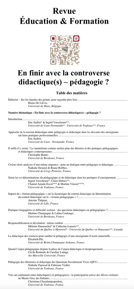 Education & Formation : e-312 - En finir avec la controverse didactique(s) – pédagogie ? (Mai 2019) | Revue Education & Formation | Scoop.it