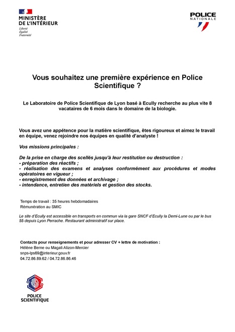 La Police Technique Scientifique de Lyon recrute en biologie | Actu des entreprises (recrutement, implantation, création ...) | Scoop.it