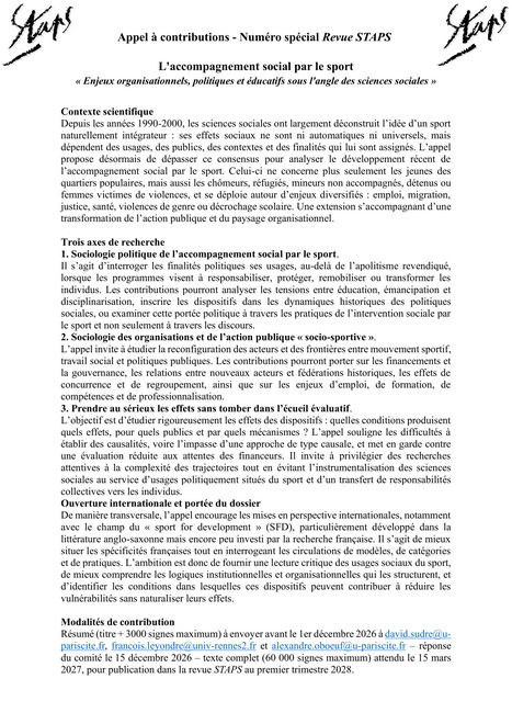 Appel &agrave; contributions Revue STATS - L'accompagnement social par le sport "Enjeux organisationnels, politiques et &eacute;ducatifs&nbsp;sous l'angle des sciences sociales" | 2 - Appel &agrave; projets - &agrave; contributions | Scoop.it