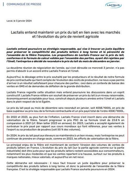 Pas d’accord Lactalis-Unell : Reconduction du prix de décembre en janvier, à 405 € | Lait de Normandie... et d'ailleurs | Scoop.it