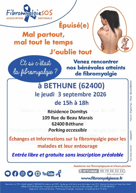 Reprise des r&eacute;unions &agrave; B&eacute;thune jeudi 3 septembre de 15h &agrave; 18h | Association FibromyalgieSOS | Scoop.it