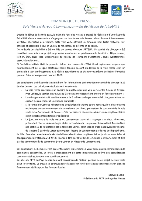 Communiqué de presse - Fin de l'étude de faisabilité Voie Verte Arreau-Lannemezan | Vallées d'Aure & Louron - Pyrénées | Scoop.it