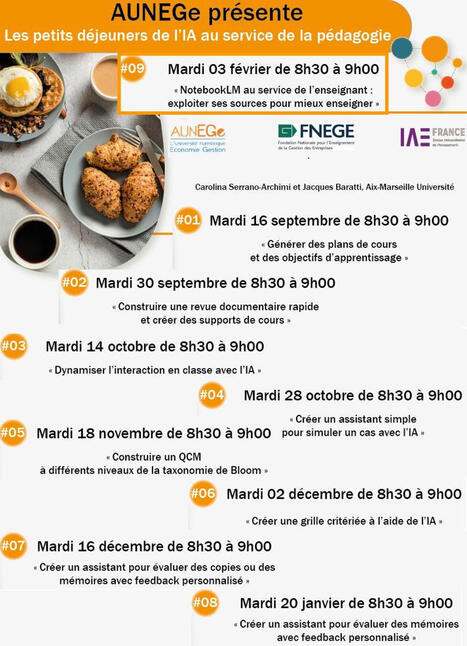 ☝ Pour rappel, les webinaires 2025-2026 de la s&eacute;rie "Petits-d&eacute;jeuners de l'IA au service de la p&eacute;dagogie" d'AUNEGE, &agrave; destination de tous les enseignants-chercheurs, se poursuivent et sont&hellip; | Luc M... | Notebook or My Personal Learning Network | Scoop.it