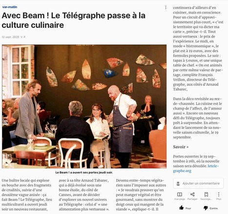 12 septembre 2020 - "Avec BEAM!, Le Telegraphe passe à la culture culinaire" / Var Matin | Press Book | Scoop.it