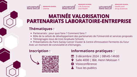 Matinée Valorisation Partenariats Laboratoire-Entreprise le 3 décembre 2024 à Orsay - Henri Moissan (HM1) | Life Sciences Université Paris-Saclay | Scoop.it