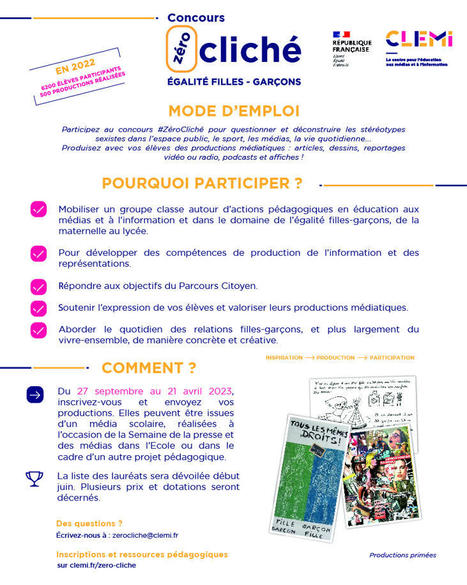 Concours Zéro Cliché pour l'égalité filles-garçons - Inscriptions édition 2023  | Veille Éducative - L'actualité de l'éducation en continu | Scoop.it