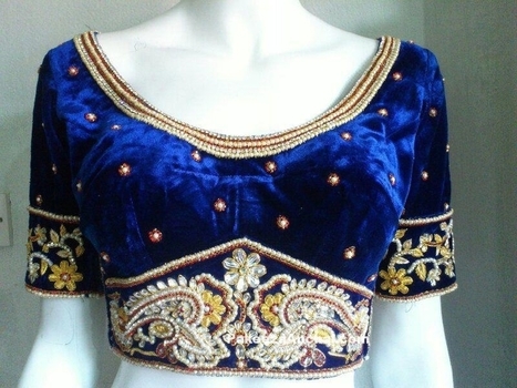 Blue Velvet Round Neck Velvet Blouse with Embroidery and pearl embellishments | Indian Fashion Updates | Scoop.it
