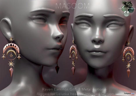 Raven Earrings December 2022 Group Gift by Masoom | Teleport Hub - Second Life Freebies | Second Life Freebies | Scoop.it