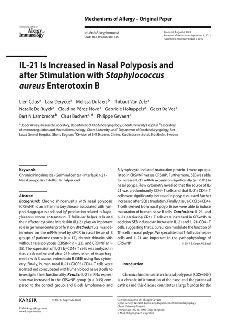 IL-21 Is Increased in Nasal Polyposis and after Stimulation with Staphylococcus aureus Enterotoxin B | Allergy (and clinical immunology) | Scoop.it