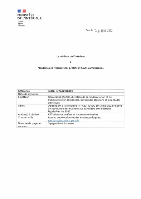 Attribution des nuances aux candidats aux élections législatives de 2022 - Addendum à la circulaire du 13 mai 2022 | Veille juridique du CDG13 | Scoop.it
