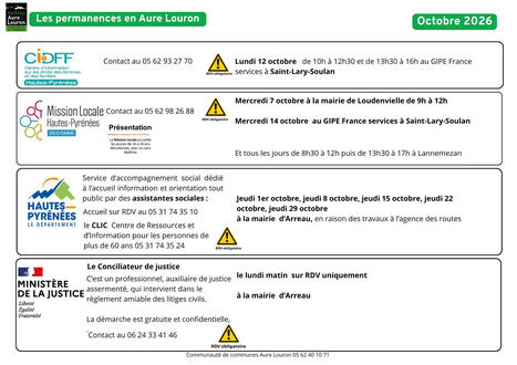 Permanences des services publics en Aure et louron pour le mois d'octobre 2026 : Renov'Occitanie, DDFIP, France Services, Maison du travail saisonnier, CIDDF, Mission Locale, Accompagnement social,... | Vall&eacute;es d'Aure & Louron - Pyr&eacute;n&eacute;es | Scoop.it