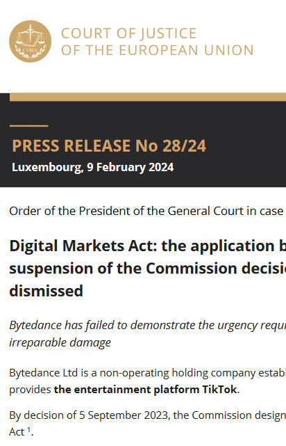 Digital Markets Act: the application by Bytedance (TikTok) seeking suspension of the Commission decision designating it as a gatekeeper is dismissed | The regulatory insider | Scoop.it