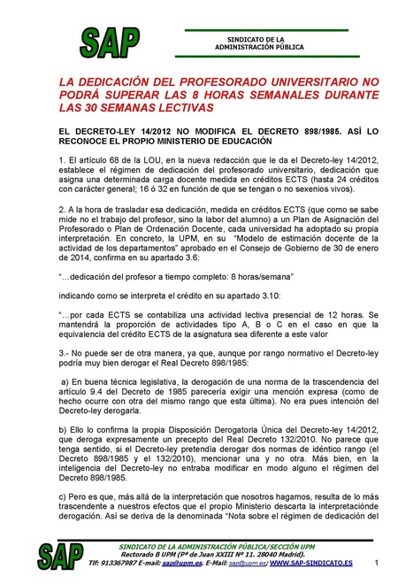 La dedicación del profesorado universitario no podrá superar las 8 horas semanales durante las 30 semanas lectivas | Boletín resumen del año 2014. Pucherazo en las Sindicales UPM | Scoop.it