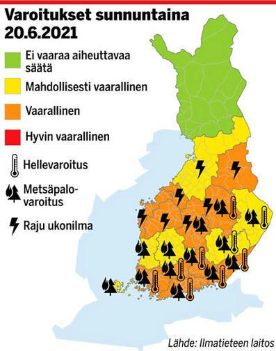 Ilmatieteen laitoksen varoituskartta hehkuu nyt...