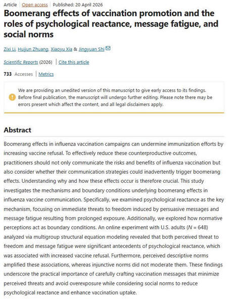 We have to rethink vaccination campaigns. A new paper by Li et al. (2026) shows when and how these can sometimes backfire on public opinion. The authors studied influenza vaccine promotion among 6... | H&eacute;sitations Vaccinales: Observatoire HESIVAXs | Scoop.it