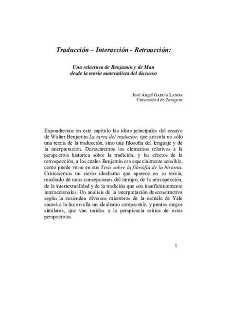 (PDF) Traducción -Interacción -Retroacción: Una relectura de Benjamin y de Man desde la teoría materialista del discurso | José Angel García Landa - Academia.edu | Retrospection | Scoop.it