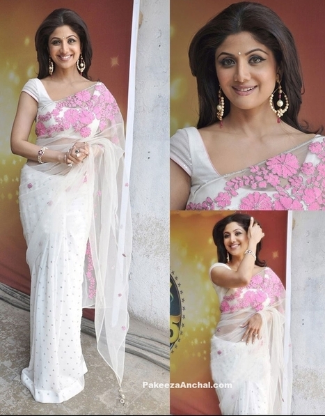 Shilpa Shetty in White Designer Net Georgette Saree with Floral Patch work | Indian Fashion Updates | Scoop.it