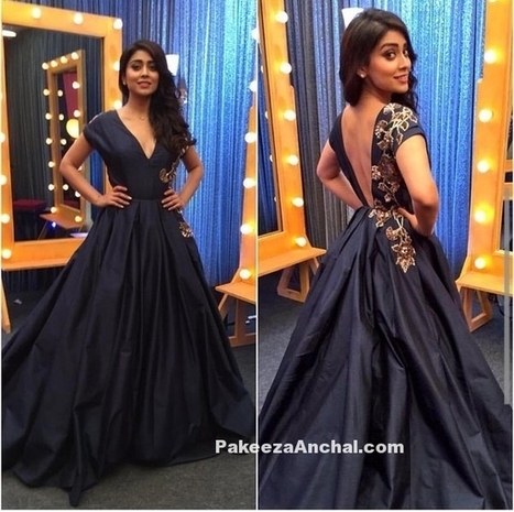 Telugu Actress Shriya Saran in Navy Blue V shaped Neck Ball dress by Manish Malhotra | Indian Fashion Updates | Scoop.it