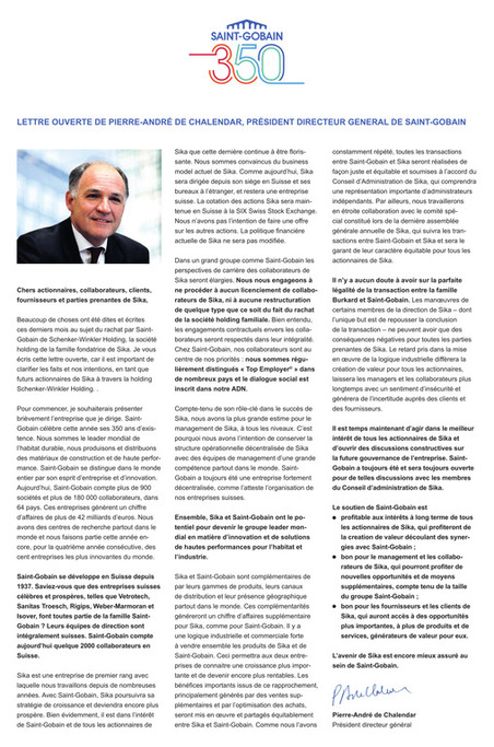 LETTRE OUVERTE DE PIERRE-ANDRÉ DE CHALENDAR, PRÉSIDENT DIRECTEUR GENERAL DE SAINT-GOBAIN | Saint-Gobain in Switzerland | Scoop.it