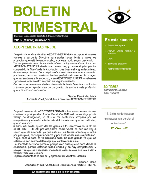 AEOPTOMETRISTAS-Boletin trimestral marzo 2016 | Salud Visual (Profesional) 2.0 | Scoop.it