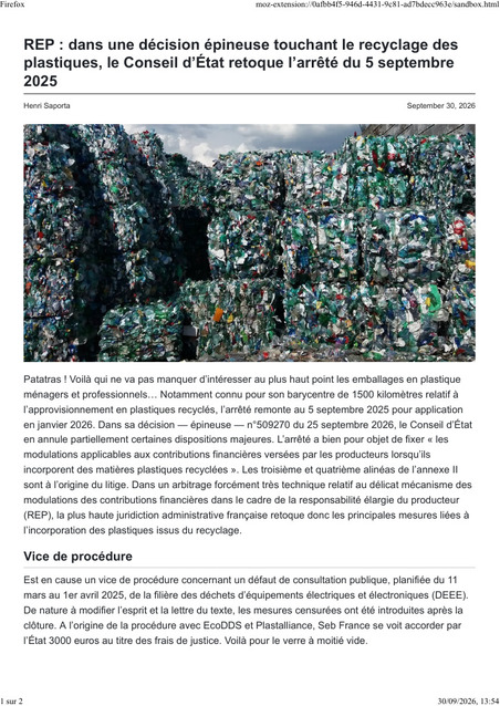 USINE_20260930_REP dans une d&eacute;cision &eacute;pineuse touchant le recyclage des plastiques, le Conseil d&rsquo;&Eacute;tat retoque l&rsquo;arr&ecirc;t&eacute; du 5 septembre 2025.pdf | Environnement et technique | Scoop.it