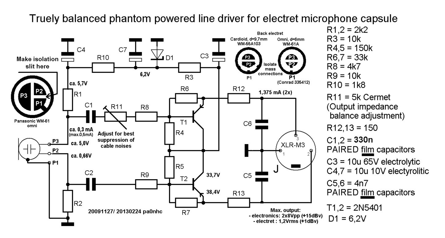Микрофонный усилитель с фантомным питанием схема