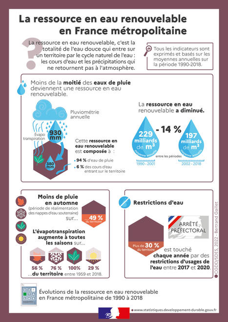 Évolutions de la ressource en eau renouvelable en France métropolitaine de 1990 à 2018 - Données et études statistiques - Datalab Juin 2022 | Biodiversité | Scoop.it