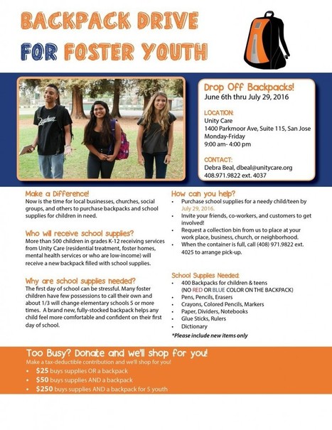 Backpack Drive for Foster Youth // Unity Care | Community Connections: Events and Resources To Support Youth Development | Scoop.it