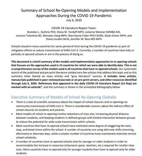 Summary of School Re-Opening models from 15 countries - COVID-19 literature report Global Health Washington.EDU | ED 262 KCKCC Sp '24 | Scoop.it